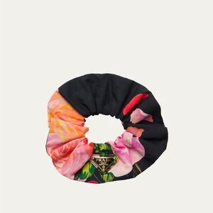 Prada Floral Silk Scrunchie in Black, Pink & Orange